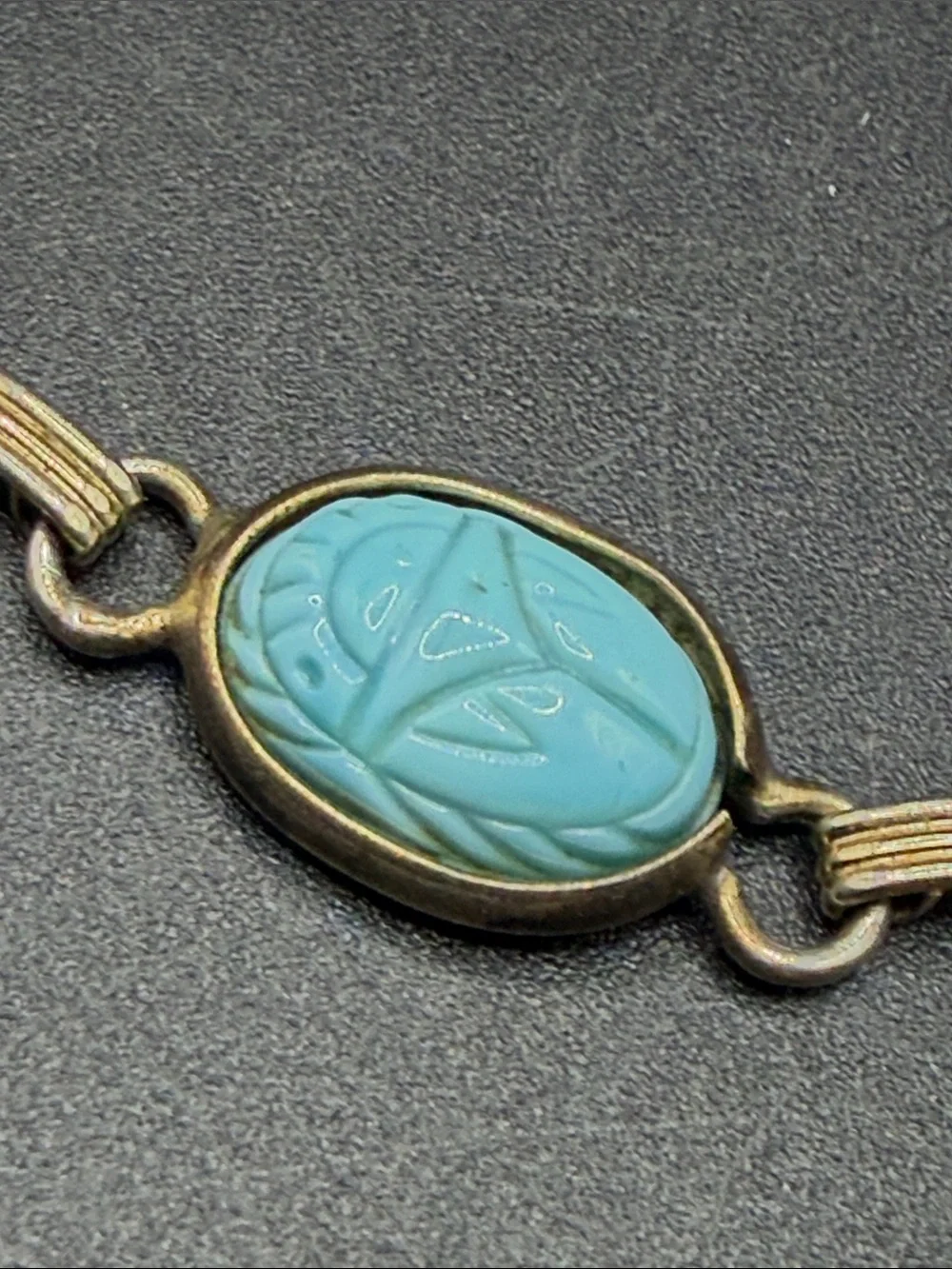 Vintage Egyptian Revival Multicolor Etched Scarab Beetle Motif Cabochon Bracelet